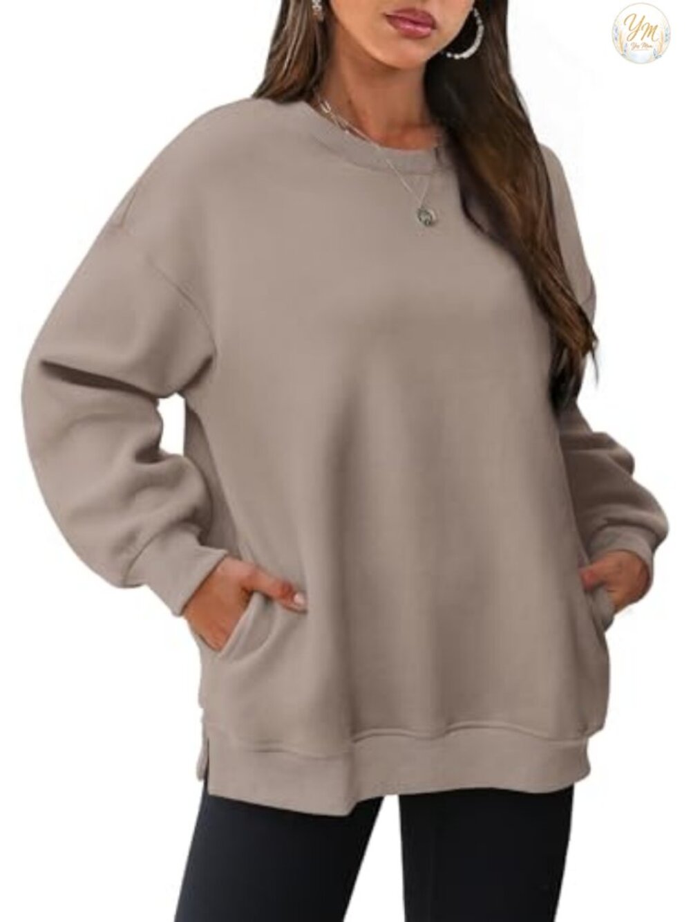 Oversized Crewneck Fleece Sweatshirt Side Slits Hidden Pockets Women